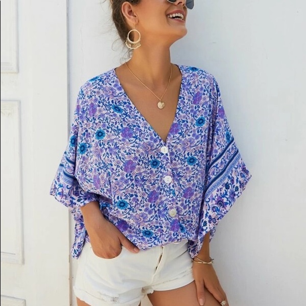 Floral button front batwing blouse